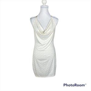 COOGI Y2K Mini Dress Sleeveless White Gold Geometric Logo Halter Tie Size S